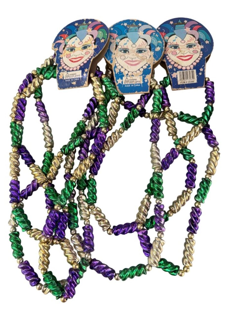 Lot of 3 Vintage Mardi Gras Beads Necklaces Purple Green Gold Macaroni Twist NWT